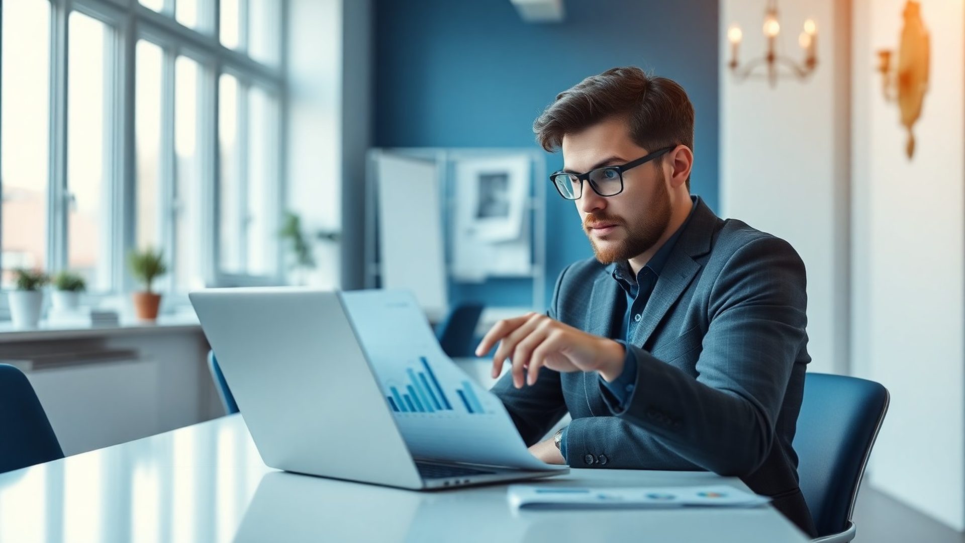Studující dospělý u laptopu s finančními grafy v moderní pražské kanceláři